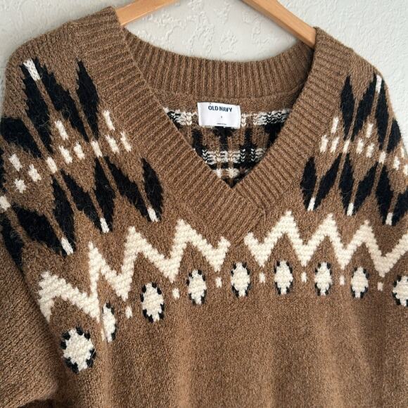 Fair Isle Slouchy Brown V Neck Tunic Sweater Oversized Small Old Navy Winter Ski - Picture 2 of 8